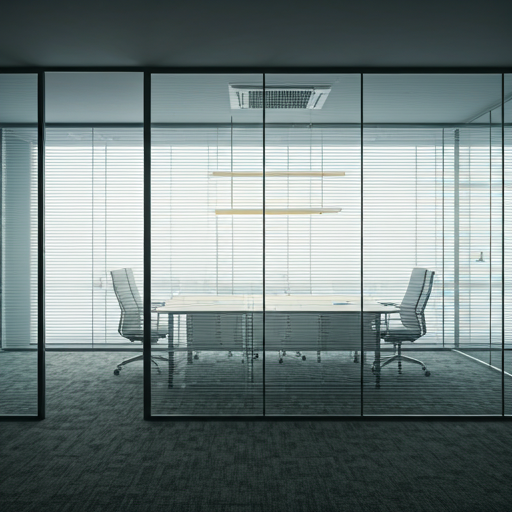 Modern corporate office meeting room with glass walls