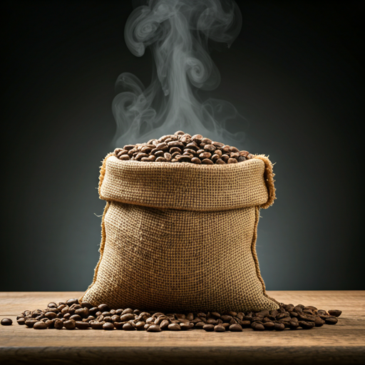 Premium coffee beans in a sack with steam